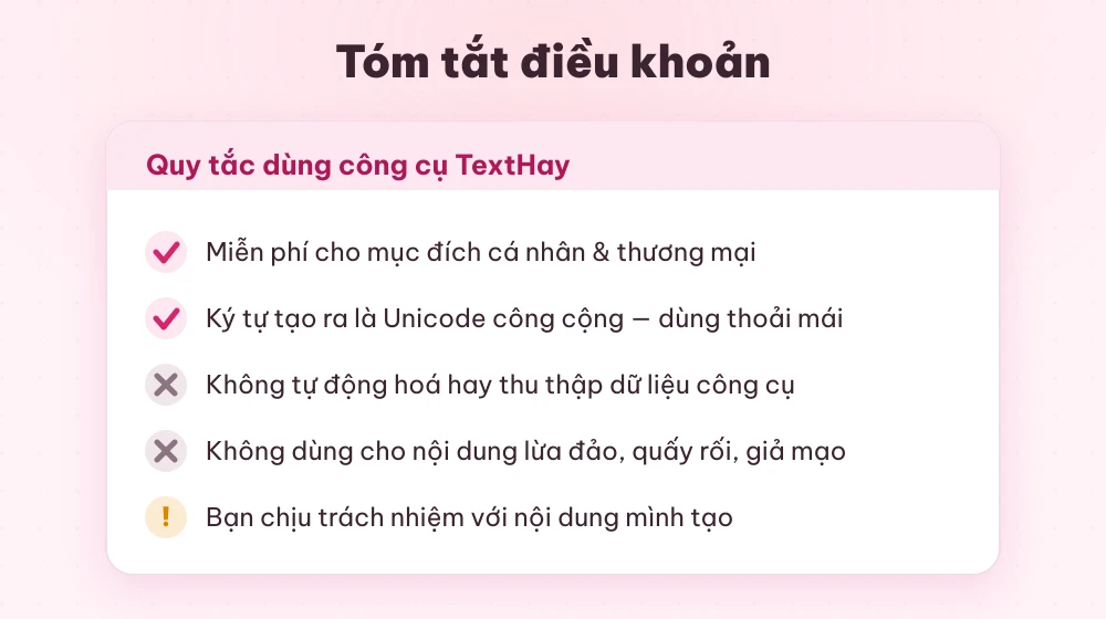 Tóm tắt điều khoản sử dụng: quy tắc dùng công cụ chữ kiểu TextHay