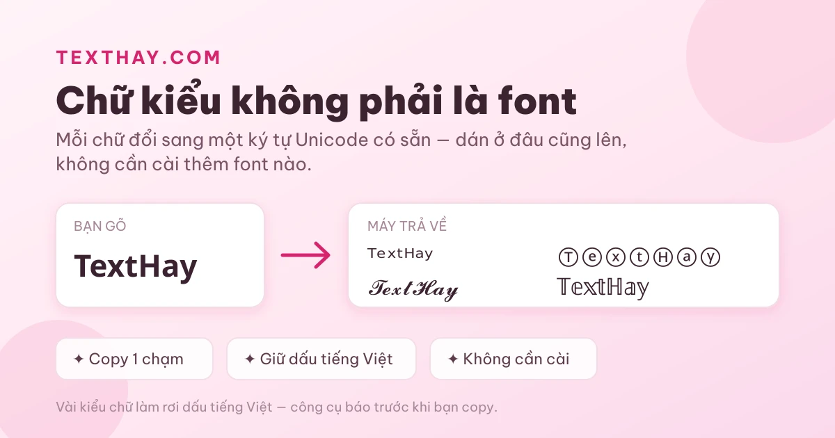 Minh hoạ chữ kiểu: chữ thường TextHay đổi sang các kiểu chữ Unicode nhỏ trên cao, viết tay, bong bóng và rỗng