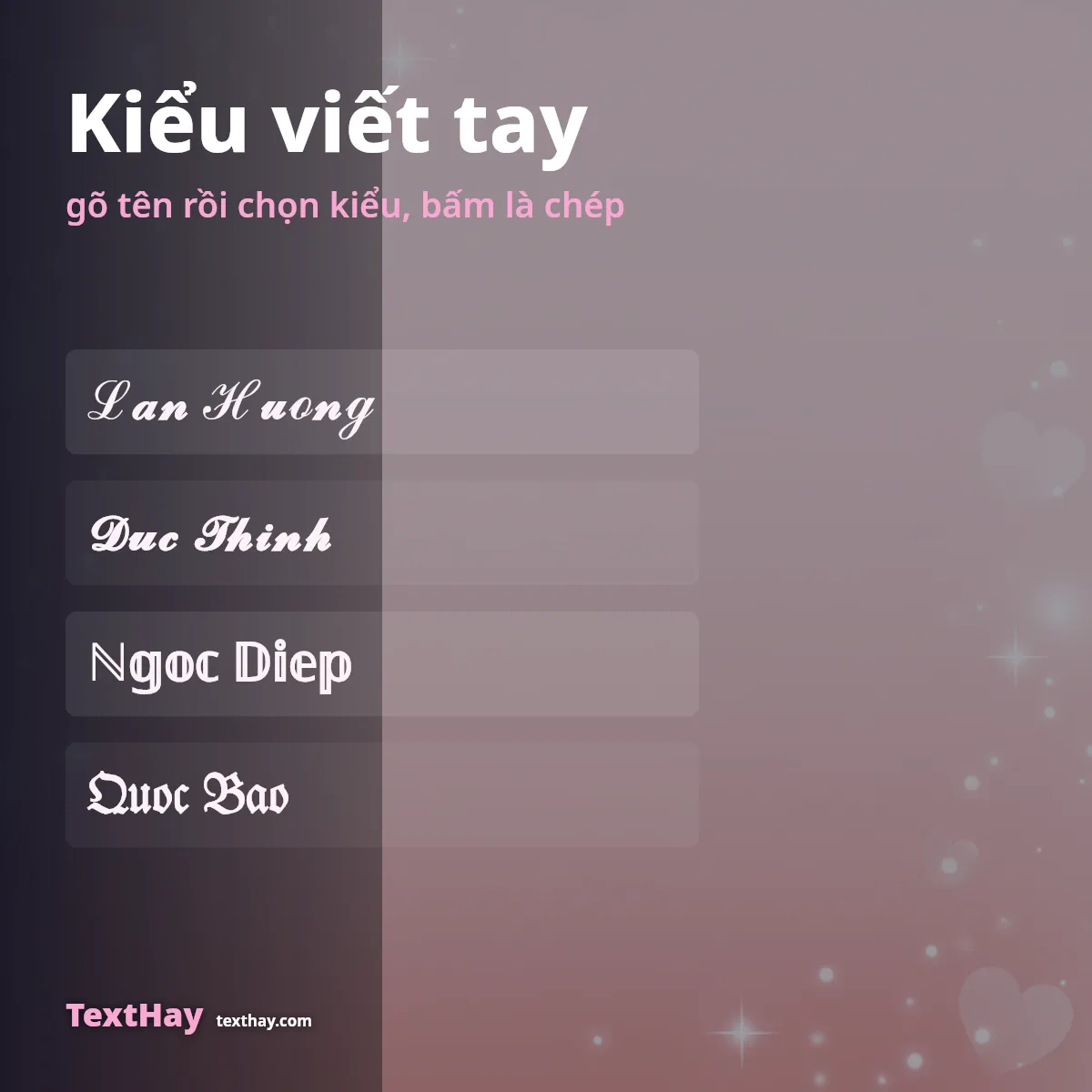 Kiểu chữ ký viết tay cho tên Lan Hương, Đức Thịnh, Ngọc Diệp, Quốc Bảo